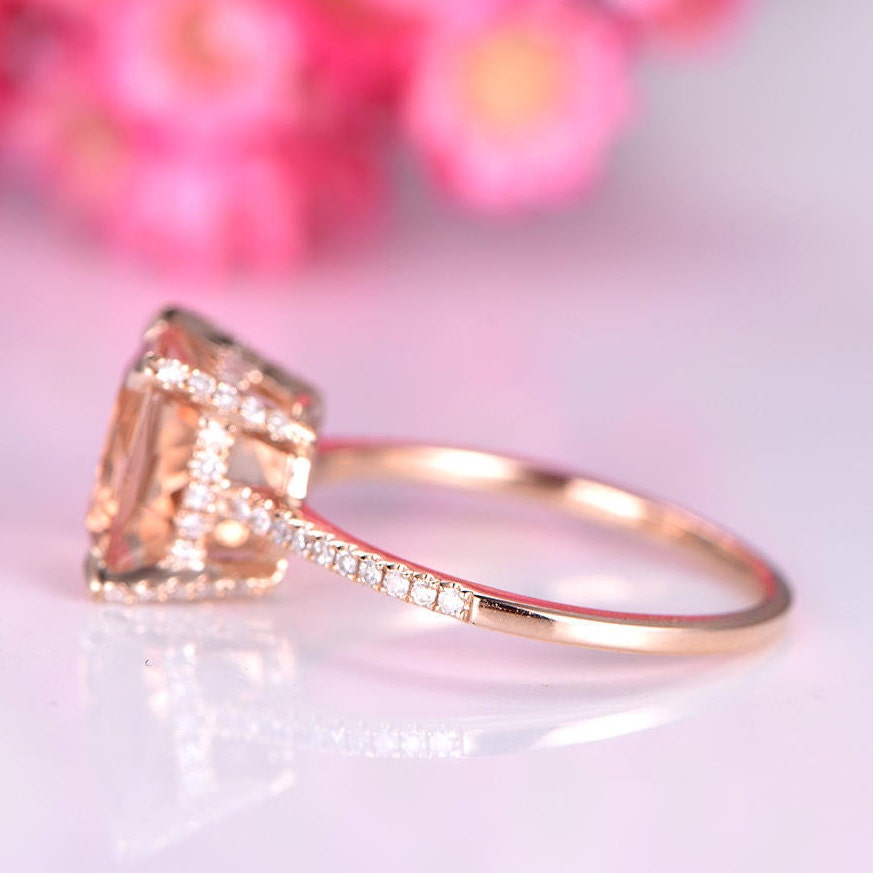 Big cushion morganite engagement ring 9mm morganite ring diamond thin wedding band diamond base 14k rose gold promise ring solitaire ring