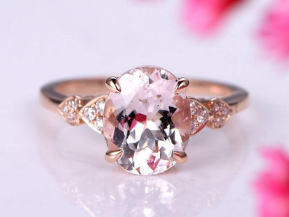 Morganite engagement ring 8x10mm oval cut morganite ring solitaire ring diamond wedding band solid 14k rose gold bridal ring promise ring