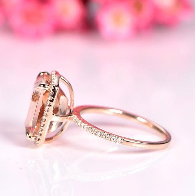 Big cushion morganite engagement ring 10x12mm morganite ring diamond wedding band solid 14k rose gold stacking ring promise ring customized