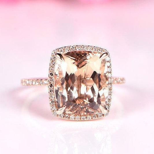 Big cushion morganite engagement ring 10x12mm morganite ring diamond wedding band solid 14k rose gold stacking ring promise ring customized