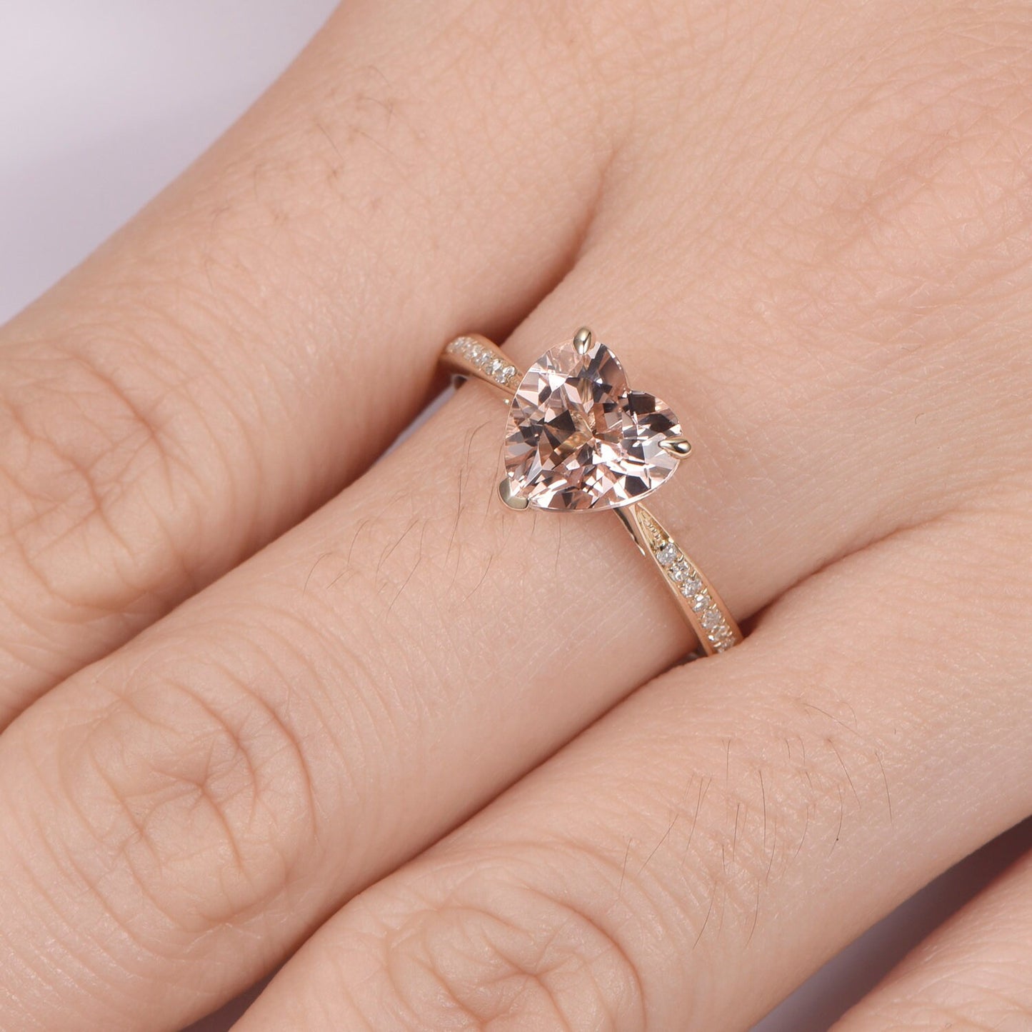 Heart shape morganite engagement ring 14k yellow gold 8mm natural pink morganite bridal ring diamond band channel setting custom ring