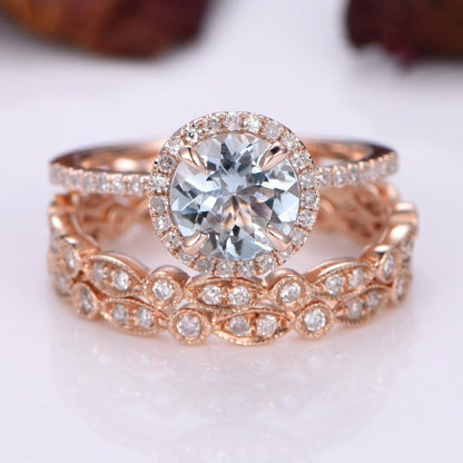 Aquamarine engagement ring set 14k rose gold wedding ring 7mm round cut natural aqumarine full eternity diamond wedding band stackable ring