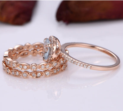 Aquamarine engagement ring set 14k rose gold wedding ring 7mm round cut natural aqumarine full eternity diamond wedding band stackable ring