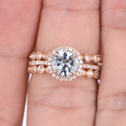 Aquamarine engagement ring set 14k rose gold wedding ring 7mm round cut natural aqumarine full eternity diamond wedding band stackable ring