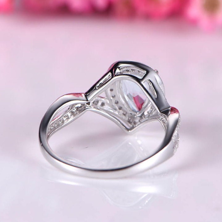 Natural aquamarine ring blue aquamarine engagement ring 5x7mm pear cut gemstone diamond wedding band 14k white gold diamond ring