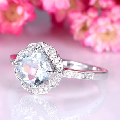 Aquamarine engagement ring solid 14k white gold diamond band 7mm cushion cut natural blue aquamarine milgrain diamond halo promise ring