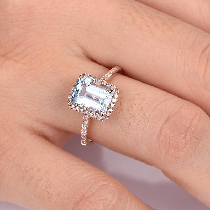 Aquamarine ring Aquamarine engagement ring diamond wedding band 6x8mm emerald cut birthstone anniversary ring 14k rose gold wedding ring