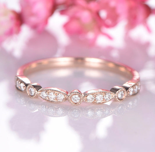 14k rose gold diamond wedding band  half eternity ring art deco antique diamond matching band natural gemstone marquise ring