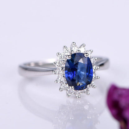 Sapphire ring 0.75ct blue sapphire engagement ring diamond ring diamond halo plain gold band solid 14k white gold bridal ring promise ring