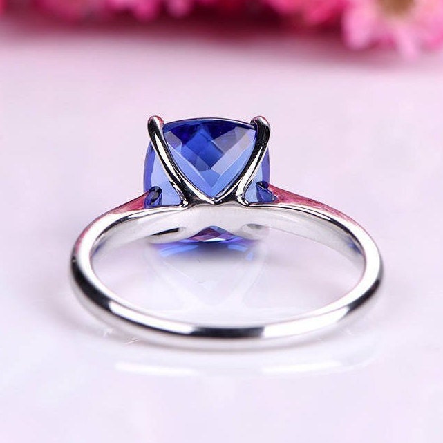 9mm cushion cut Sapphire engagement ring lab created blue sapphire plain gold band solid 14k white gold anniversary ring custom jewelry