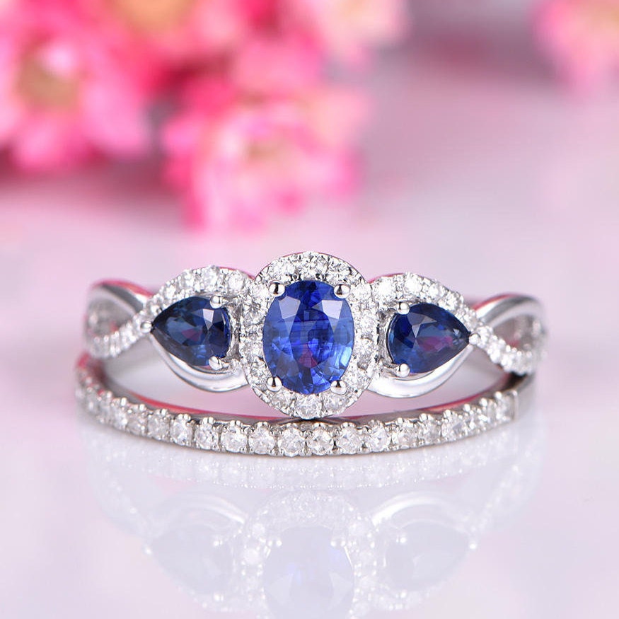 Sapphire ring set sapphire engagement ring three blue main stone half eternity diamond wedding band14k white gold ring set anniversary