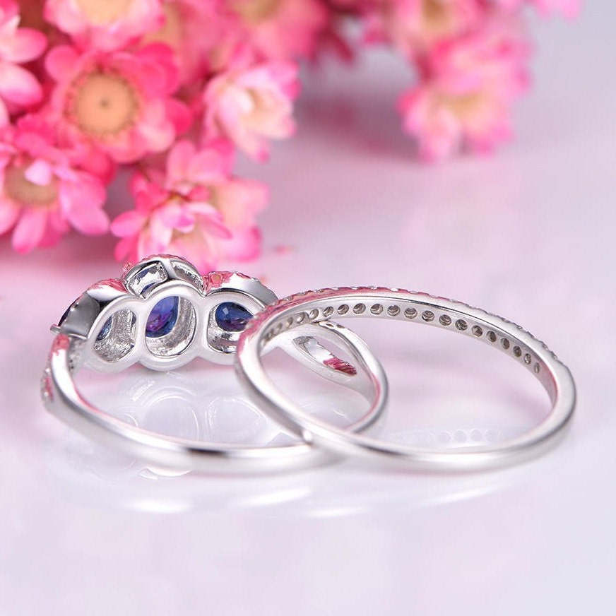 Sapphire ring set sapphire engagement ring three blue main stone half eternity diamond wedding band14k white gold ring set anniversary