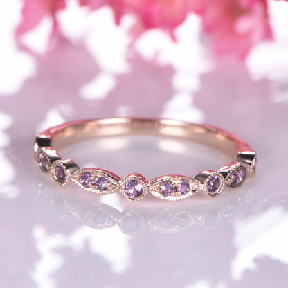 Amethyst ring art deco half eternity amethyst wedding band milgrain style ring 14k rose gold matching band natural gemstone IF color