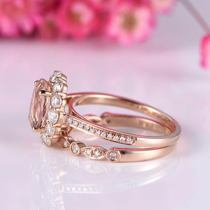 Morganite ring set morganite engagement ring milgrain half eternity diamond wedding band 7x9mm gemstone moissanite halo solid 14K rose gold