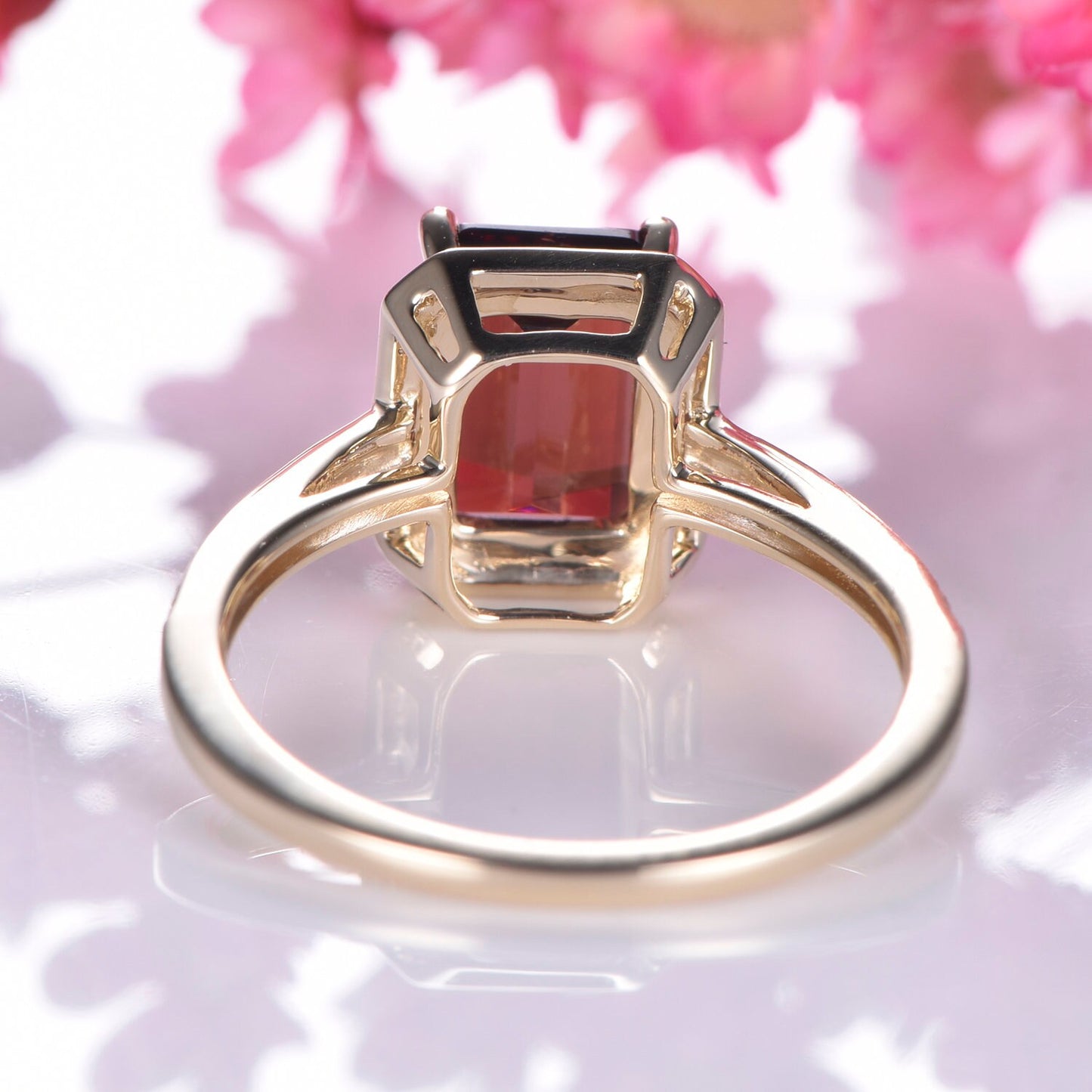 Garnet engagement ring 14k yellow gold 6x8mm emerald cut natural birthstone diamond halo promise ring diamond wedding band vintage style