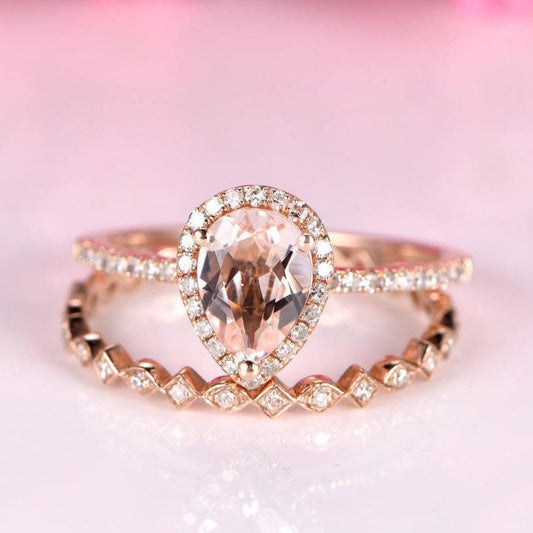 Morganite ring set morganite engagement ring 6x8mm pear cut natural stone full eternity diamond wedding band 14k rose gold stacking ring