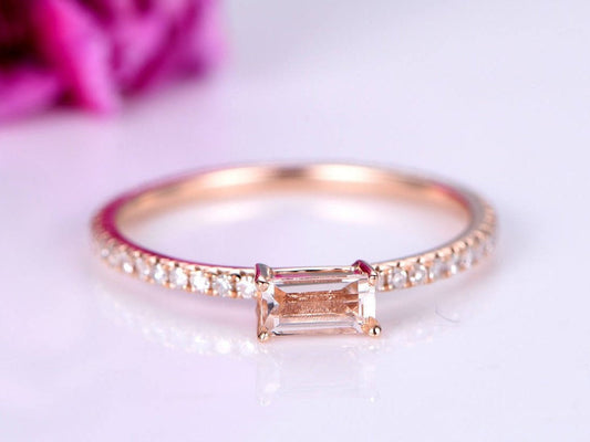 Baguette Morganite engagement ring natural morganite ring diamond ring diamond wedding band stacking ring bridal ring 14k rose gold ring