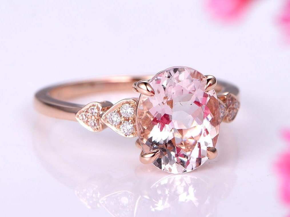 Morganite engagement ring 8x10mm oval cut morganite ring solitaire ring diamond wedding band solid 14k rose gold bridal ring promise ring