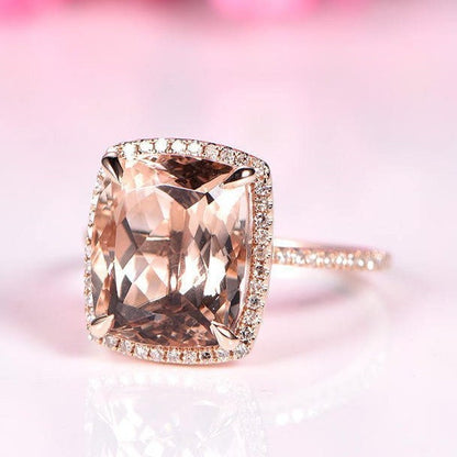 Big cushion morganite engagement ring 10x12mm morganite ring diamond wedding band solid 14k rose gold stacking ring promise ring customized