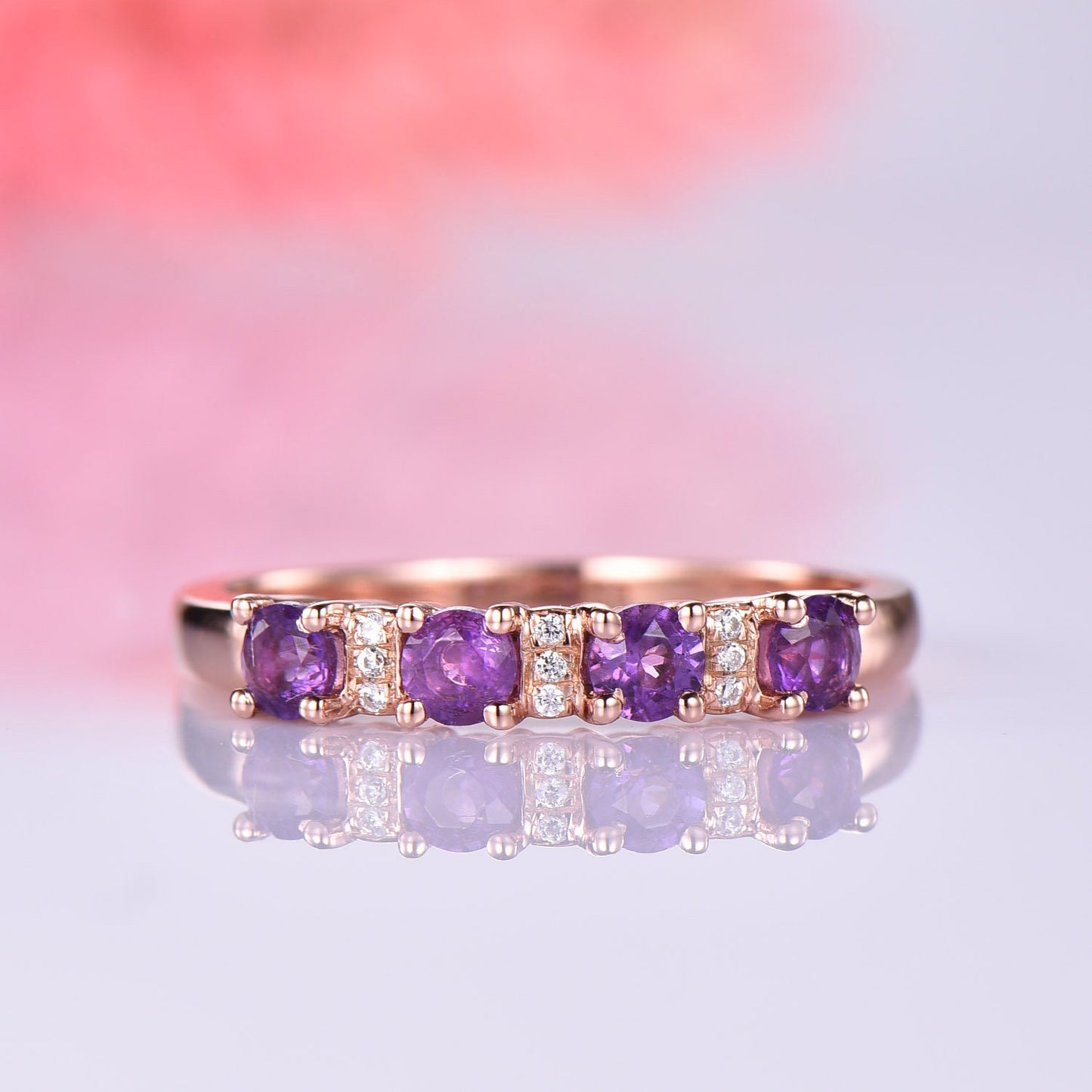 Amethyst diamond wedding band 14k/18k rose gold half eternity engagement ring women bridal promise ring natural birthstone matching band