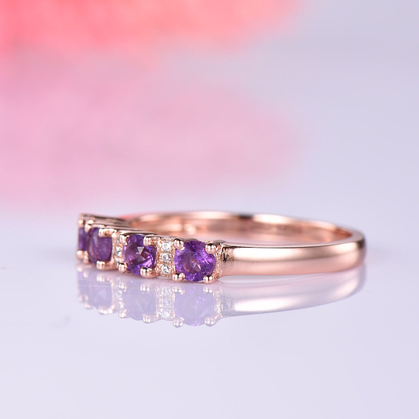 Amethyst diamond wedding band 14k/18k rose gold half eternity engagement ring women bridal promise ring natural birthstone matching band