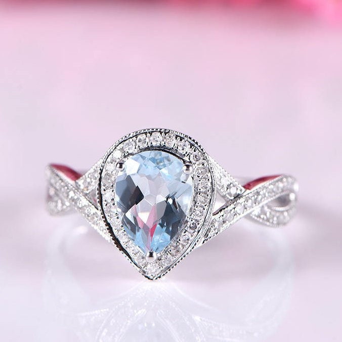 Natural aquamarine ring blue aquamarine engagement ring 5x7mm pear cut gemstone diamond wedding band 14k white gold diamond ring