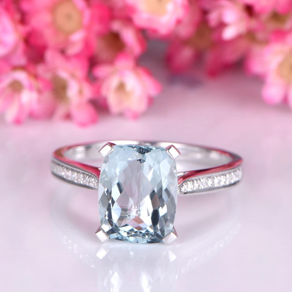 Big cushion aquamarine ring 8x10mm natural aquamarine diamond wedding band 14k white gold bridal promose ring anniversary Christmas gift