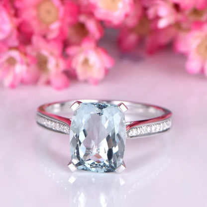 Big cushion aquamarine ring 8x10mm natural aquamarine diamond wedding band 14k white gold bridal promose ring anniversary Christmas gift