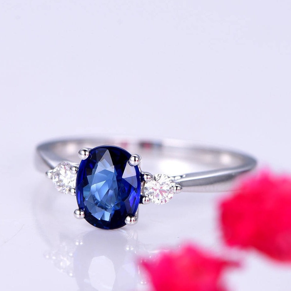 Sapphire ring white gold sapphire engagement ring women diamond wedding band promise bridal anniversary gift for her