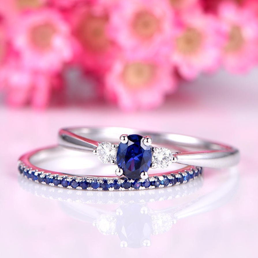 Sapphire ring set 4x5mm oval cut sapphire engagement ring half eternity sapphire matching band14k white gold ring anniversary promise ring