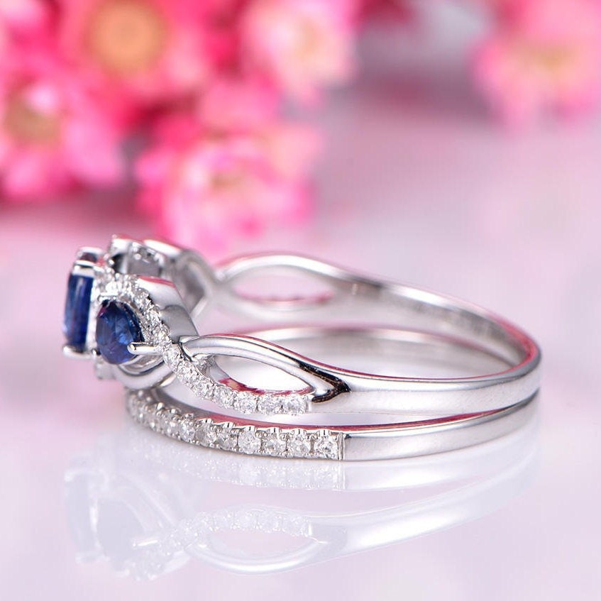 Sapphire ring set sapphire engagement ring three blue main stone half eternity diamond wedding band14k white gold ring set anniversary