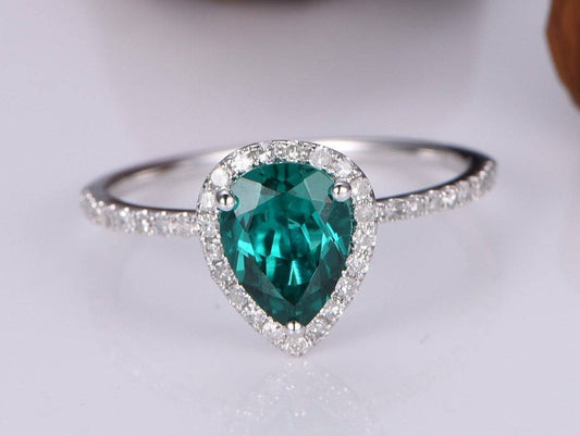 Emerald ring 6x8mm pear cut emerald engagement ring lab gemstone ring diamond ring promise ring anniversary ring solid 14k white gold