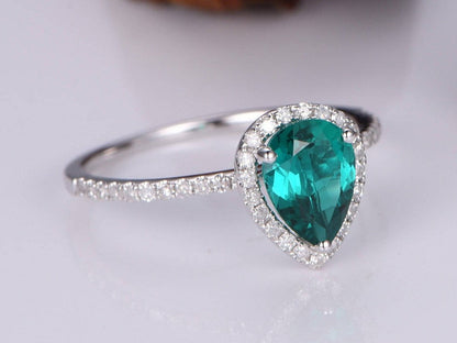 Emerald ring 6x8mm pear cut emerald engagement ring lab gemstone ring diamond ring promise ring anniversary ring solid 14k white gold