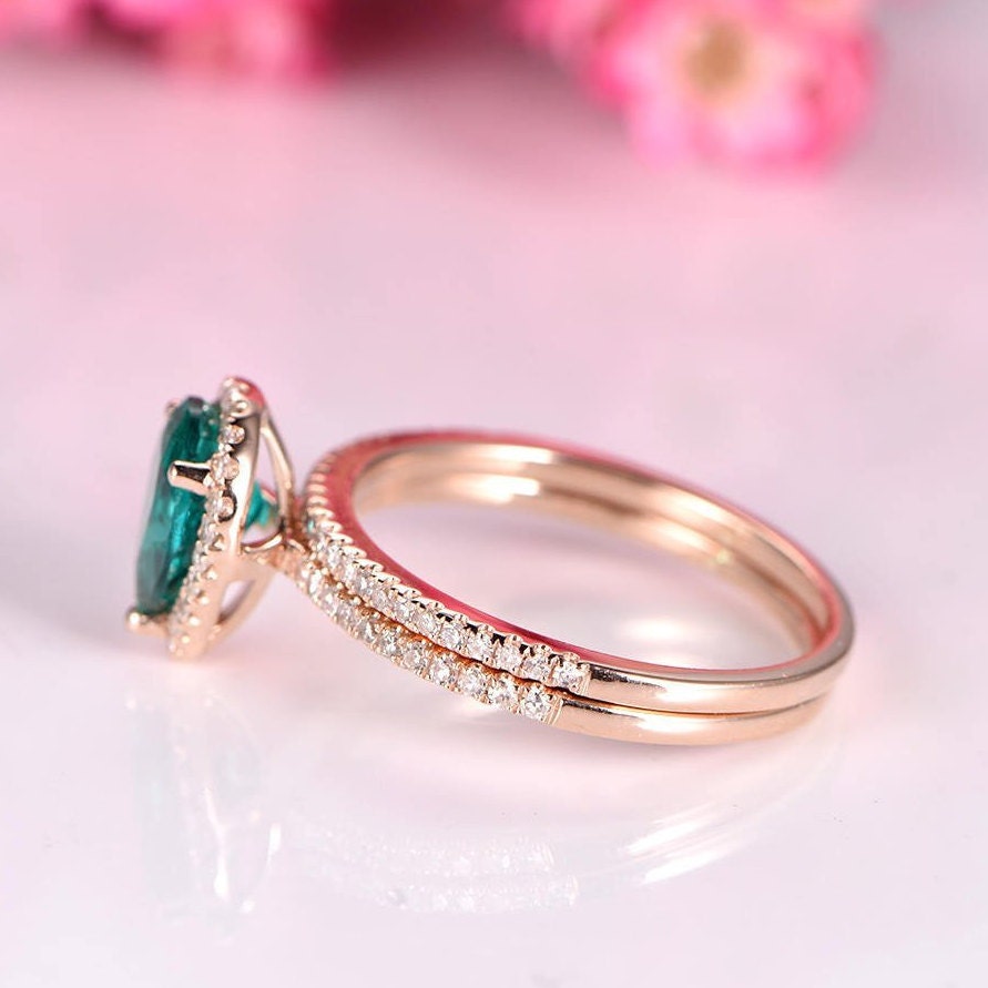 Emerald ring set 6x8mm pear emerald engagement ring half eternity diamond wedding band diamond ring solid 14k rose gold anniversary ring