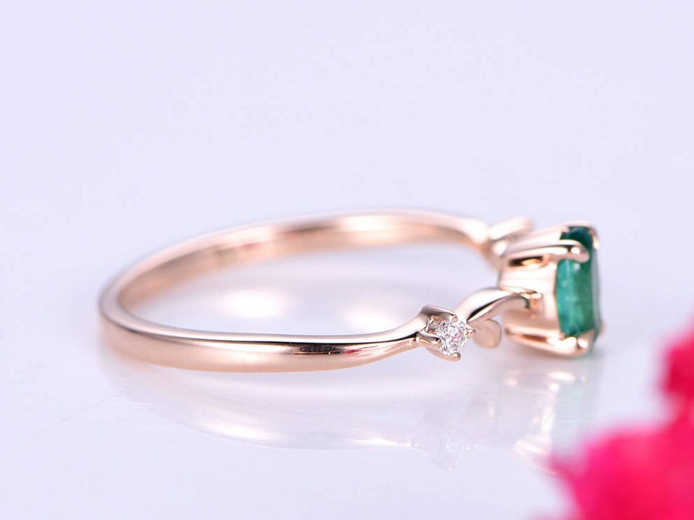 0.45ct emerald ring lab emerald engagement ring 4x6mm oval cut green stone diamond  band 14k rose gold anniversary ring custome jewelry