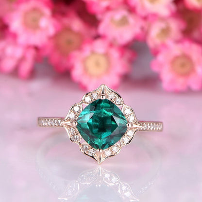 Emerald engagement ring 7mm cushion cut lab created emerald ring floral diamond halo diamond wedding band 14k rose gold anniversary ring