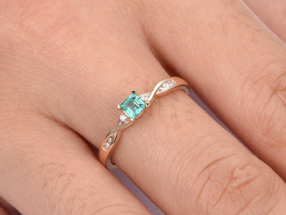 0.27ct emerald ring raw emerald engagement ring 3.5mm emerald cut natural gemstone ring twisted daimond band petit ring solid 14k rose gold