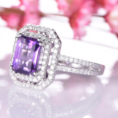 Amethyst engagement ring white gold double halo diamond ring split shank natural gemstone 6X8mm emerald cut IF amethyst birthstone promise