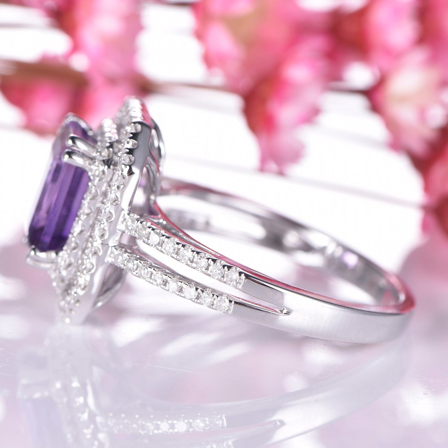 Amethyst engagement ring white gold double halo diamond ring split shank natural gemstone 6X8mm emerald cut IF amethyst birthstone promise