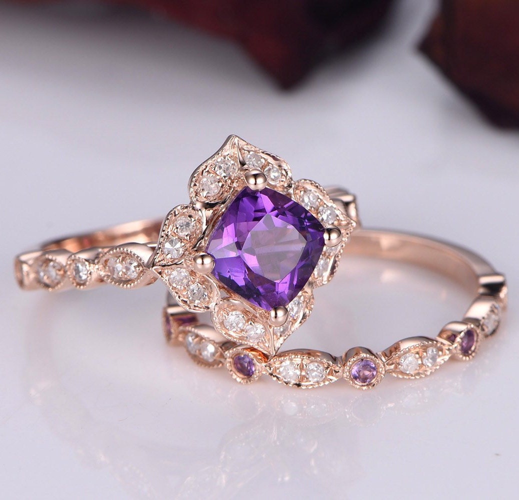 Amethyst ring set 6mm cushion shape amethyst engagement ring set vintage floral ring half eternity amethyst diamond wedding band rose gold