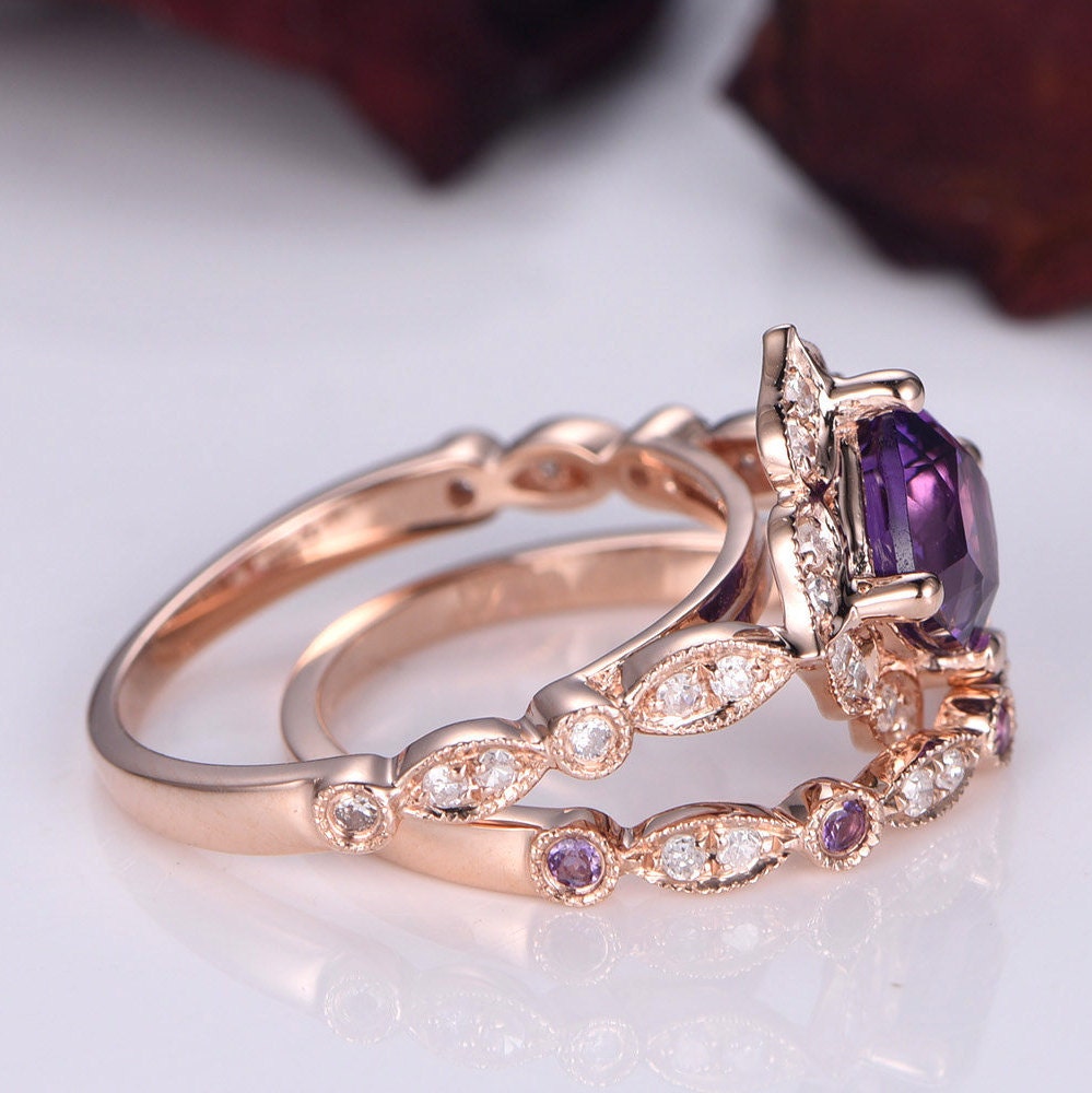 Amethyst ring set 6mm cushion shape amethyst engagement ring set vintage floral ring half eternity amethyst diamond wedding band rose gold