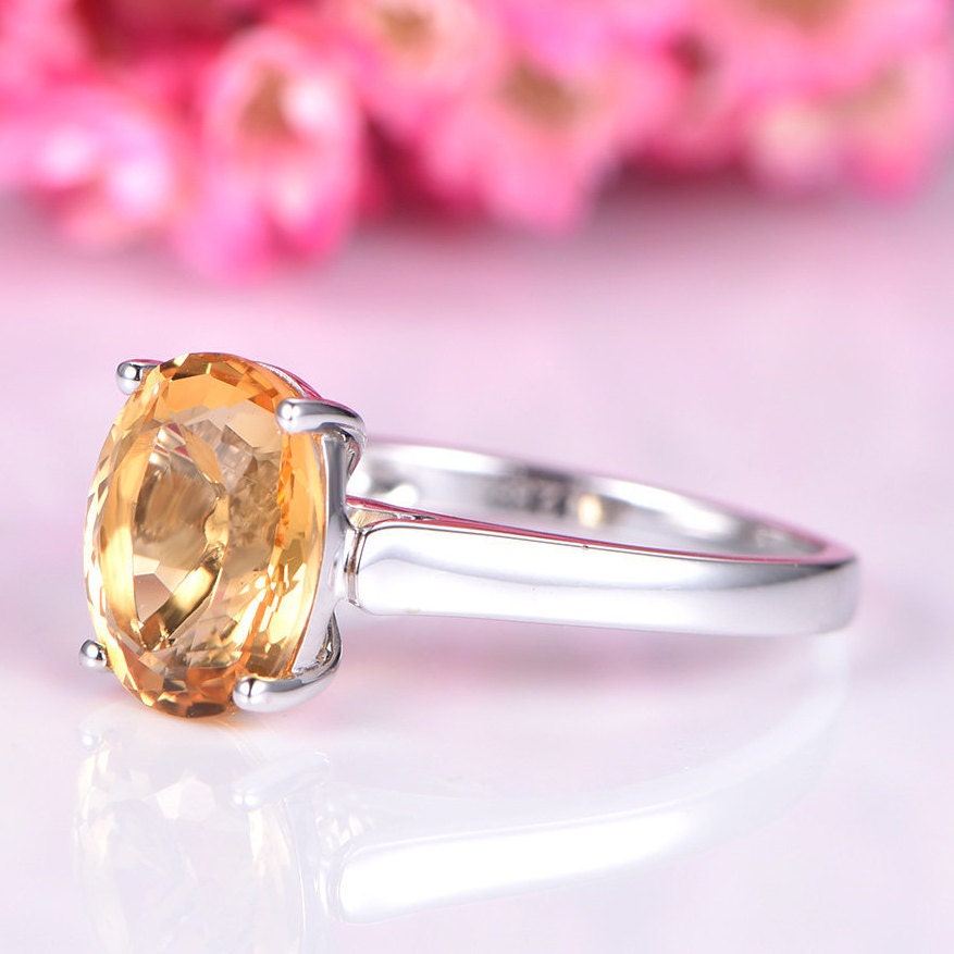 Citrine ring 14k white gold citrine jewelry 8x10mm oval shaped yellow natural stone plain gold band ball prongs set bridal ring