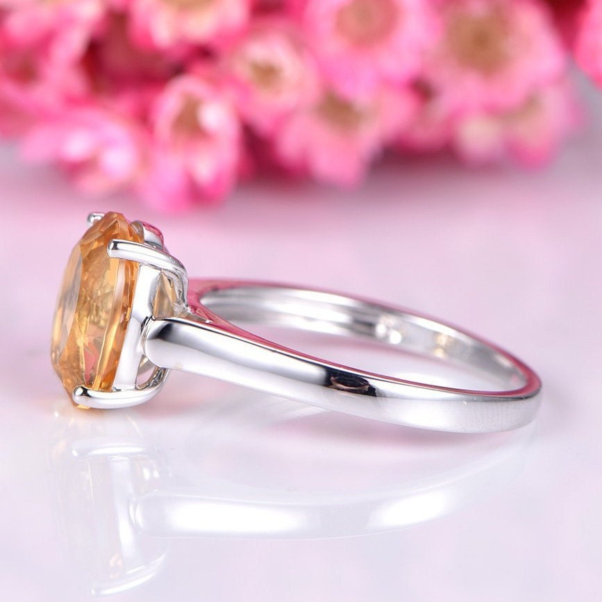 Citrine ring 14k white gold citrine jewelry 8x10mm oval shaped yellow natural stone plain gold band ball prongs set bridal ring