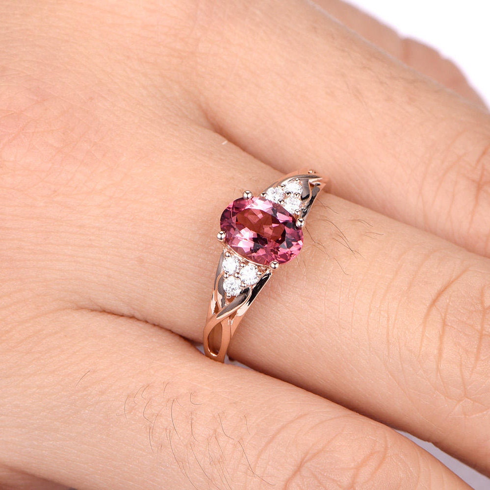 Tourmaline ring 1.5ct pink tourmaline ring full cut diamond wedding band diamond engagement ring soild 14k rose gold promise ring