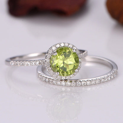 Peridot ring set 7mm round cut green peridot engagement ring birthstone ring half eternity diamond wedding band diamond ring 14k white gold