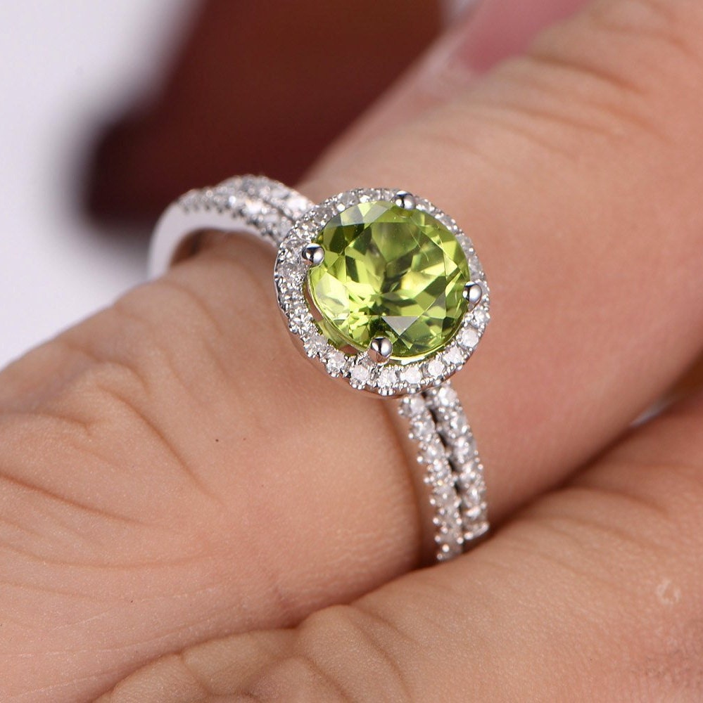 Peridot ring set 7mm round cut green peridot engagement ring birthstone ring half eternity diamond wedding band diamond ring 14k white gold