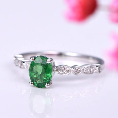 Tsavorite Ring 5x7mm oval cut tsavorite engagement ring diamond wedding band solid 14k white gold ring custom jewelry promise ring