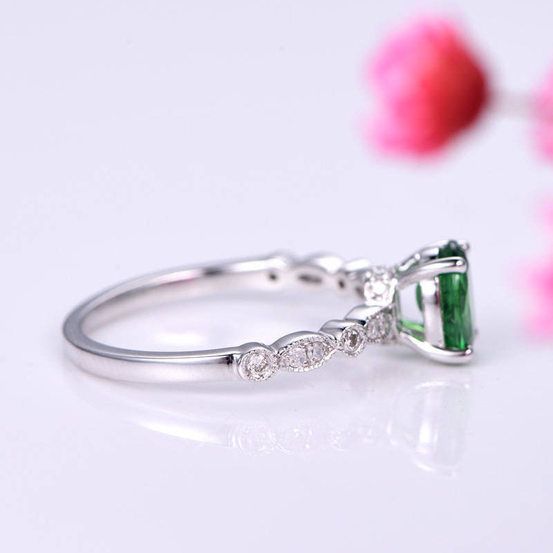 Tsavorite Ring 5x7mm oval cut tsavorite engagement ring diamond wedding band solid 14k white gold ring custom jewelry promise ring