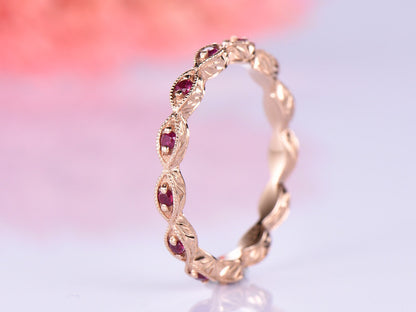 Rose gold ruby wedding band full eternity ring art deco milgrain style natural birthstone everyday rings solid 14k promise ring anniversary