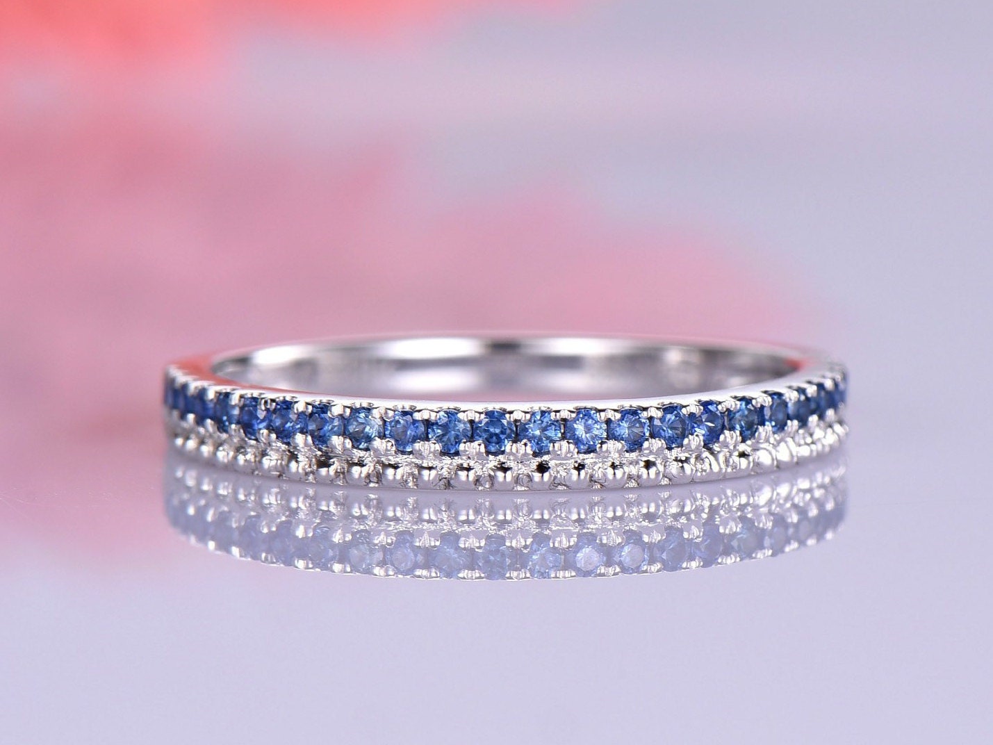 White Gold blue sapphire wedding band two rows design matching band natural gemstone half eternity ring matching band solid 14k/18k